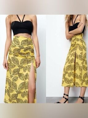 Zara Yellow Leaf-Print Midi Skirt with High Side Slit size medium